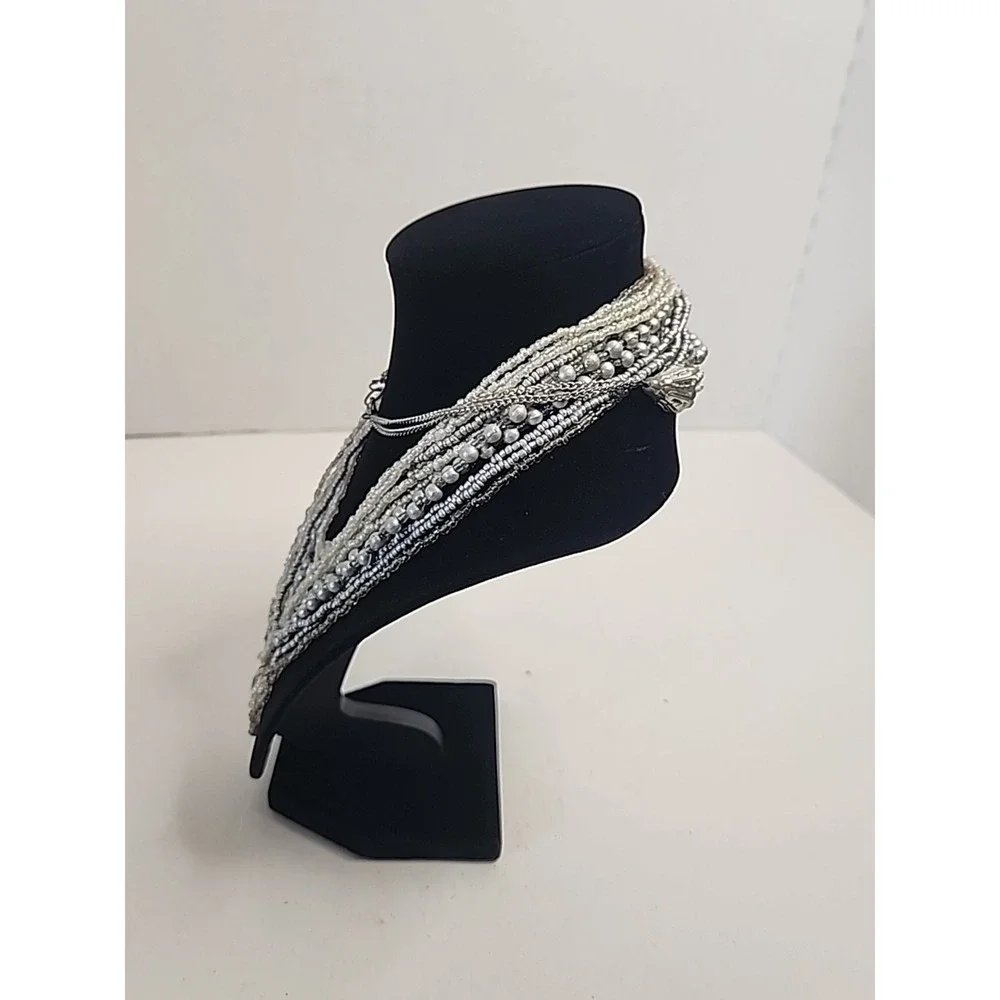 Mutli-Strand Layered Bib Necklace Silver Tones‎ W/ Glass Seed Beads 30